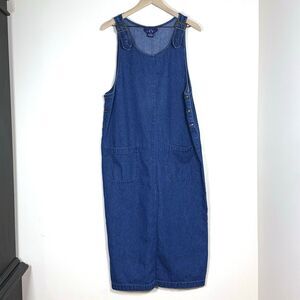 Vintage Womens Denim Overall Jumper Maxi Dress 12 Pockets Back Split Cottagecore